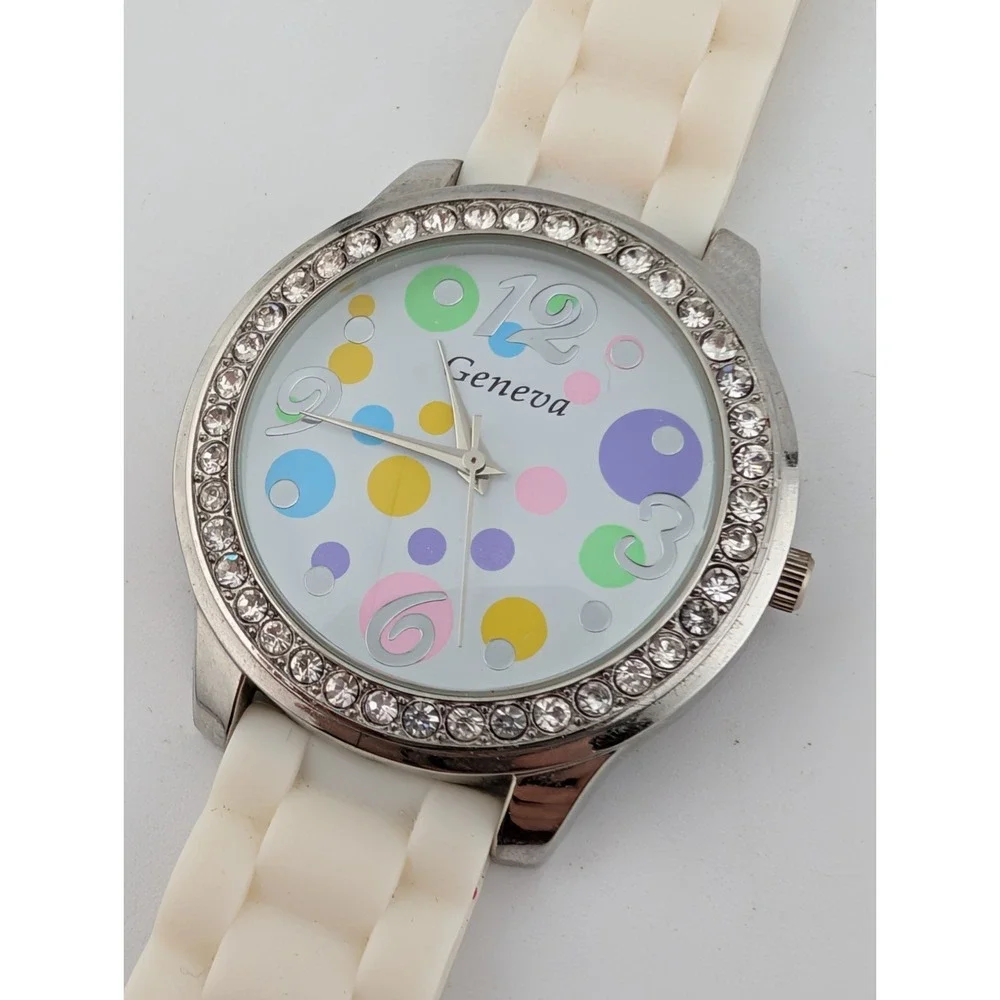 Geneva Watch Women Polka Dot Dial Crystal Bezel White Silicone Band- New Battery